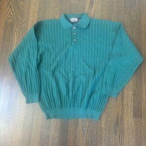 Vintage Knit polo Green long sleeve Size Large Wool Blend Cortina Italia Italy